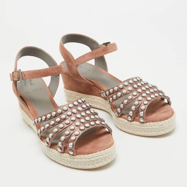 Pre Owned Gina Pink Studded Satin and Suede Wedge Ankle Strap Sandals Size 38