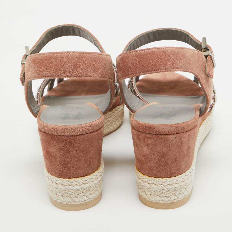 Pre Owned Gina Pink Studded Satin and Suede Wedge Ankle Strap Sandals Size 38