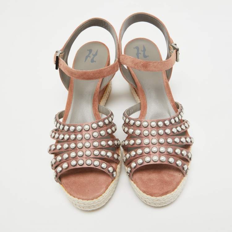 Pre Owned Gina Pink Studded Satin and Suede Wedge Ankle Strap Sandals Size 38