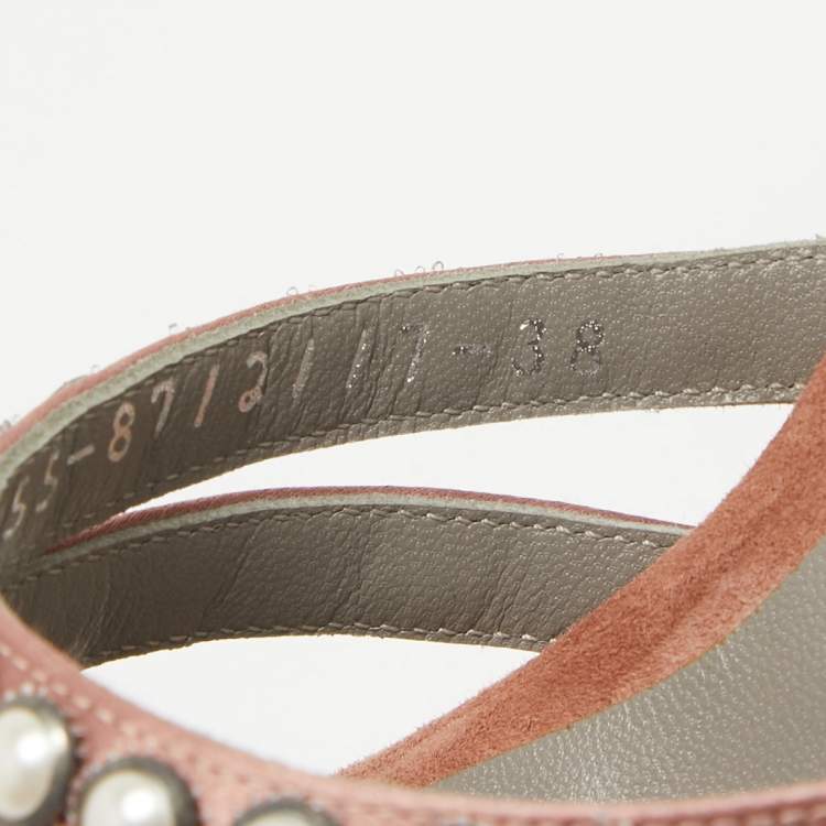 Pre Owned Gina Pink Studded Satin and Suede Wedge Ankle Strap Sandals Size 38