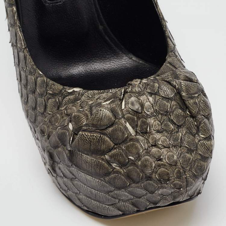 Pre Owned Gina Dark Grey Python Leather Elle Platform Pumps Size 39.5