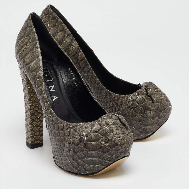 Pre Owned Gina Dark Grey Python Leather Elle Platform Pumps Size 39.5