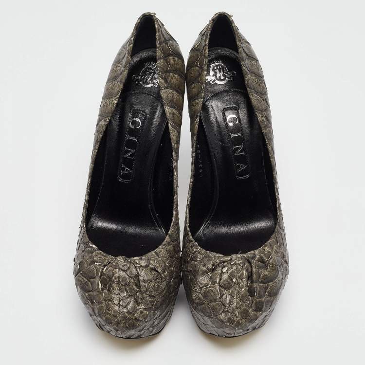 Pre Owned Gina Dark Grey Python Leather Elle Platform Pumps Size 39.5