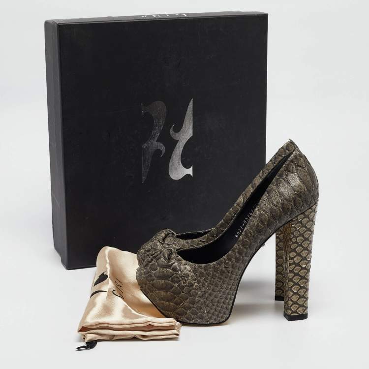 Pre Owned Gina Dark Grey Python Leather Elle Platform Pumps Size 39.5