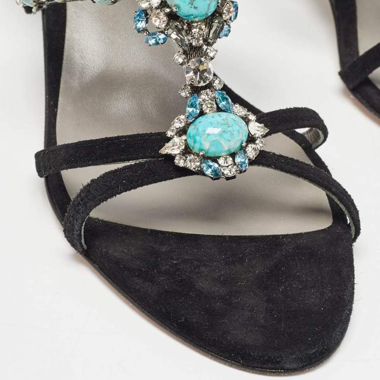 Pre Owned Gina Black Suede Crystal Embellished Slingback Sandals Size 41