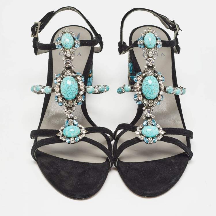 Pre Owned Gina Black Suede Crystal Embellished Slingback Sandals Size 41