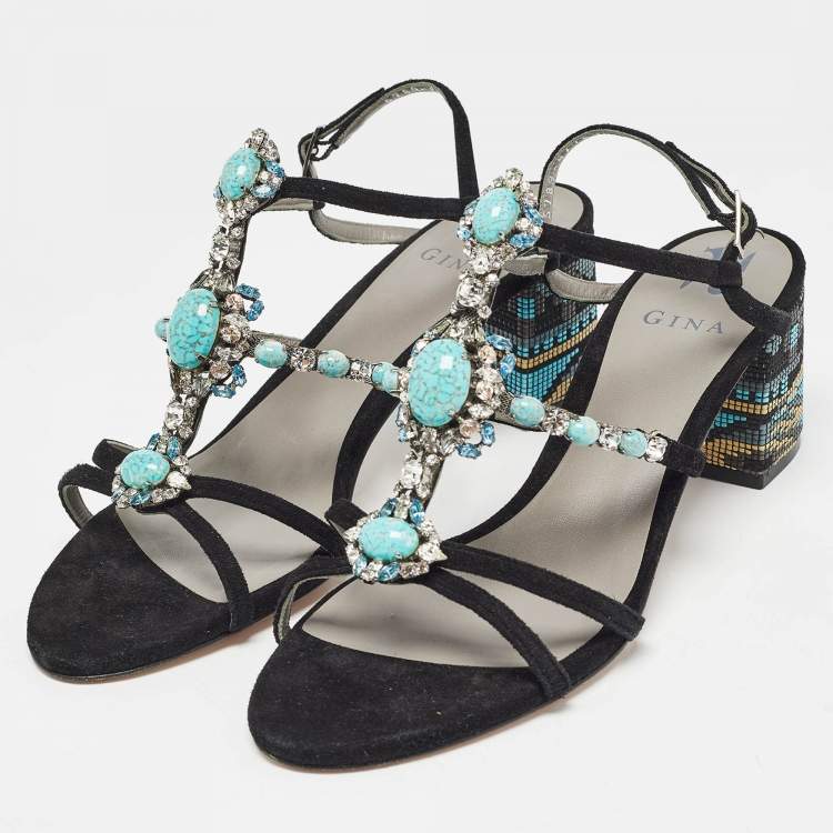 Pre Owned Gina Black Suede Crystal Embellished Slingback Sandals Size 41