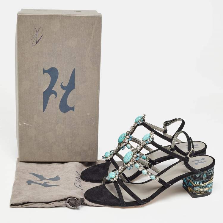 Pre Owned Gina Black Suede Crystal Embellished Slingback Sandals Size 41