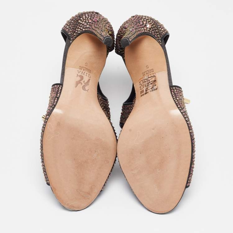 Pre Owned Gina Metallic Crystal Embellished Leather Cut Out Lace Up Sandals Size 38