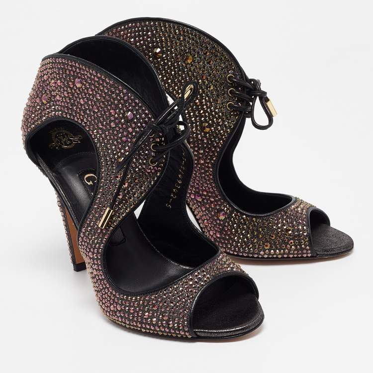 Pre Owned Gina Metallic Crystal Embellished Leather Cut Out Lace Up Sandals Size 38