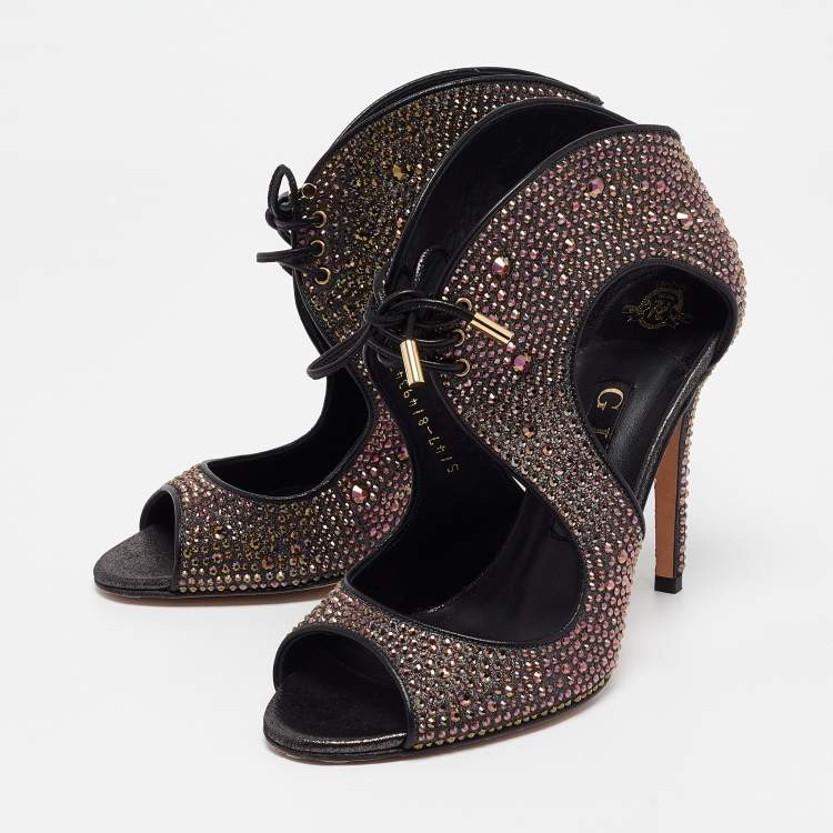 Pre Owned Gina Metallic Crystal Embellished Leather Cut Out Lace Up Sandals Size 38