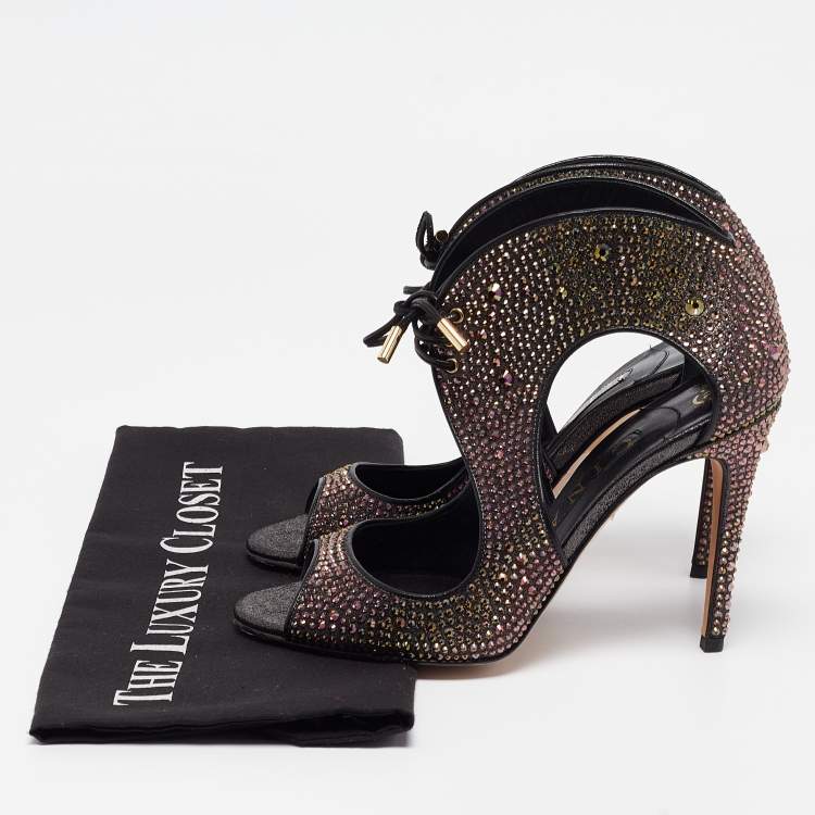 Pre Owned Gina Metallic Crystal Embellished Leather Cut Out Lace Up Sandals Size 38