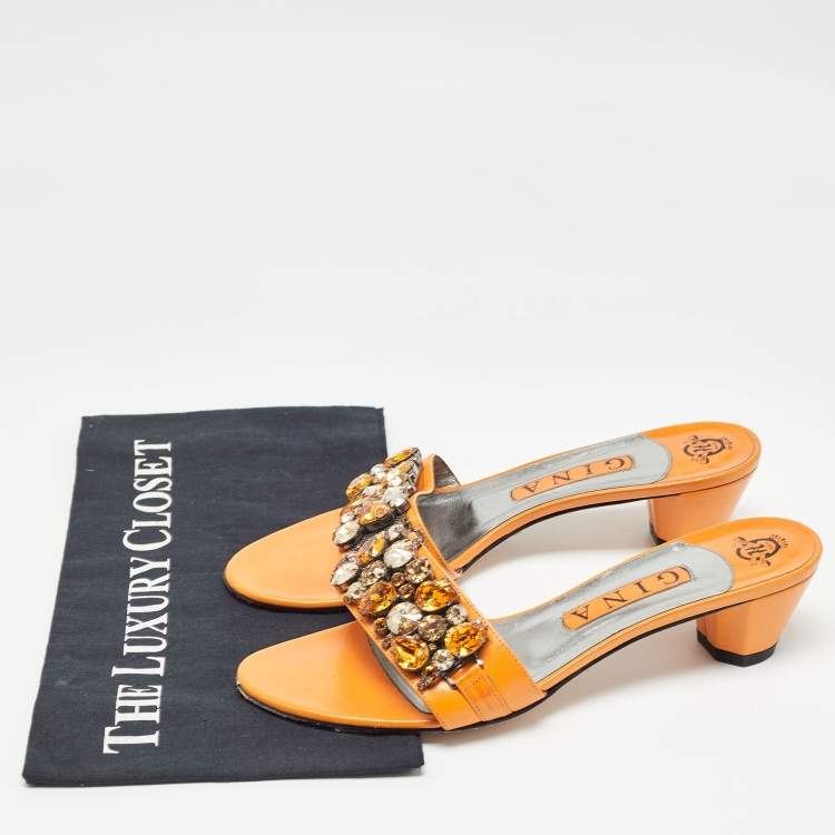 Pre Owned Gina Orange Leather] Crystal Embellished Slide Sandals Size 39