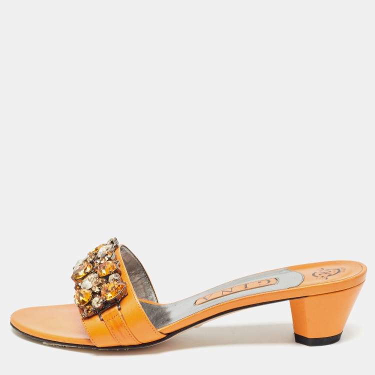 Pre Owned Gina Orange Leather] Crystal Embellished Slide Sandals Size 39