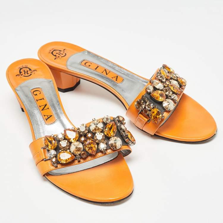 Pre Owned Gina Orange Leather] Crystal Embellished Slide Sandals Size 39