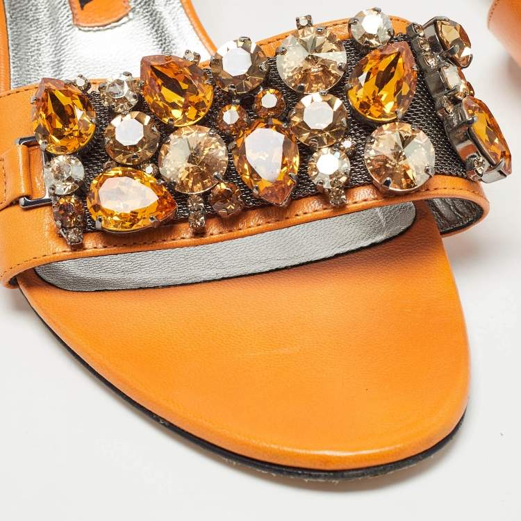 Pre Owned Gina Orange Leather] Crystal Embellished Slide Sandals Size 39