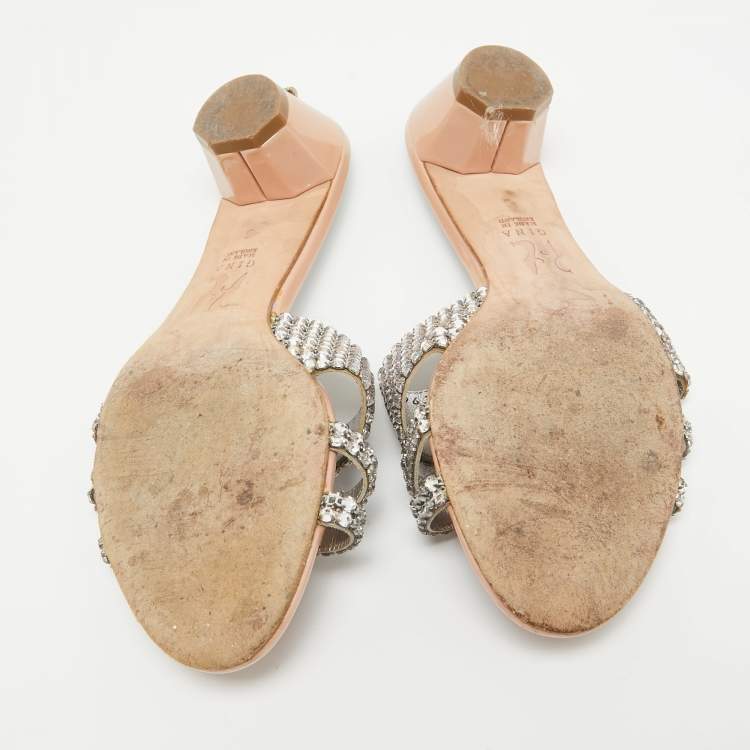Pre Owned Gina Silver/Pink Crystal Embellished Leather Slide Sandals Size 38