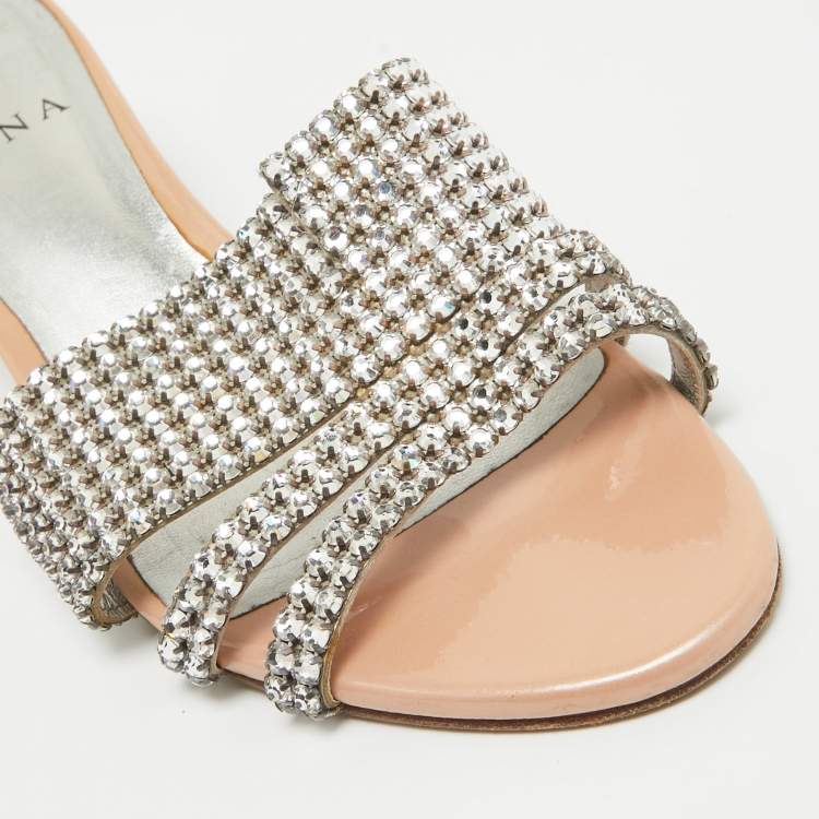Pre Owned Gina Silver/Pink Crystal Embellished Leather Slide Sandals Size 38