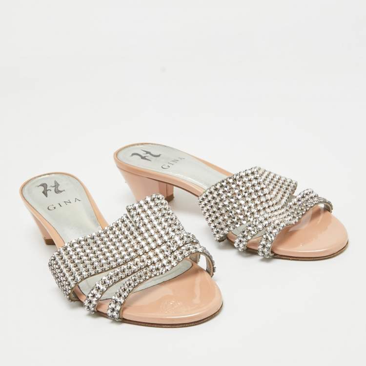 Pre Owned Gina Silver/Pink Crystal Embellished Leather Slide Sandals Size 38