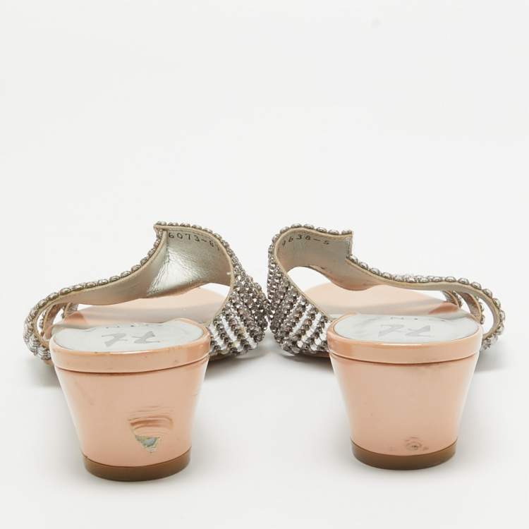 Pre Owned Gina Silver/Pink Crystal Embellished Leather Slide Sandals Size 38