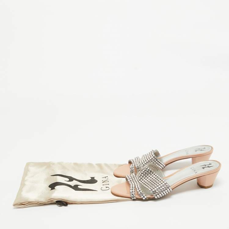 Pre Owned Gina Silver/Pink Crystal Embellished Leather Slide Sandals Size 38