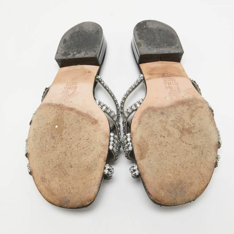 Pre Owned Gina Black/Silver Crystal Embellished Leather Slides Size 38