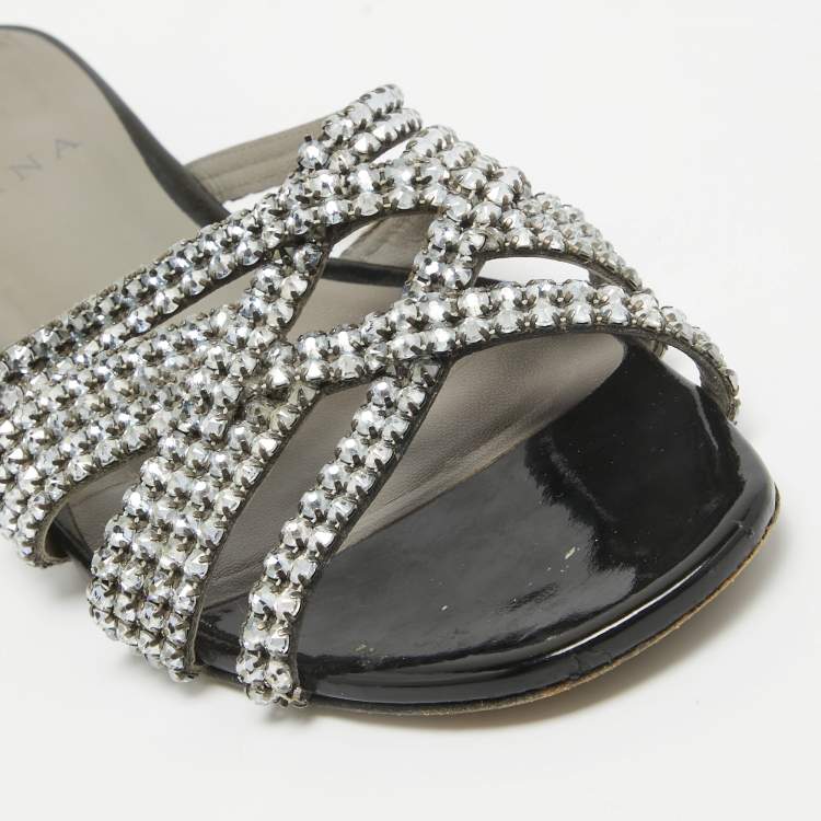 Pre Owned Gina Black/Silver Crystal Embellished Leather Slides Size 38