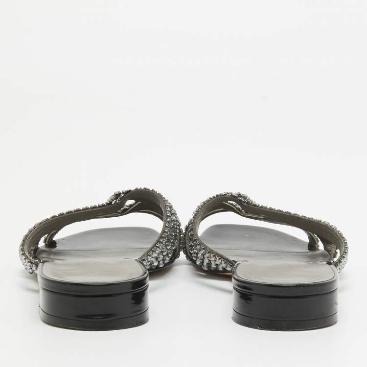 Pre Owned Gina Black/Silver Crystal Embellished Leather Slides Size 38