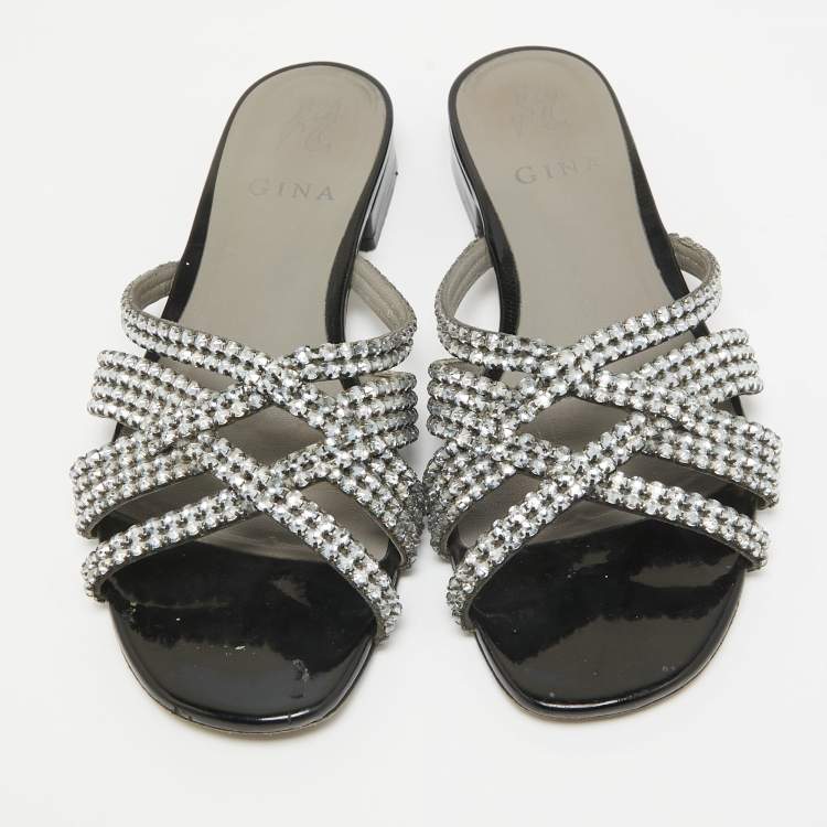 Pre Owned Gina Black/Silver Crystal Embellished Leather Slides Size 38