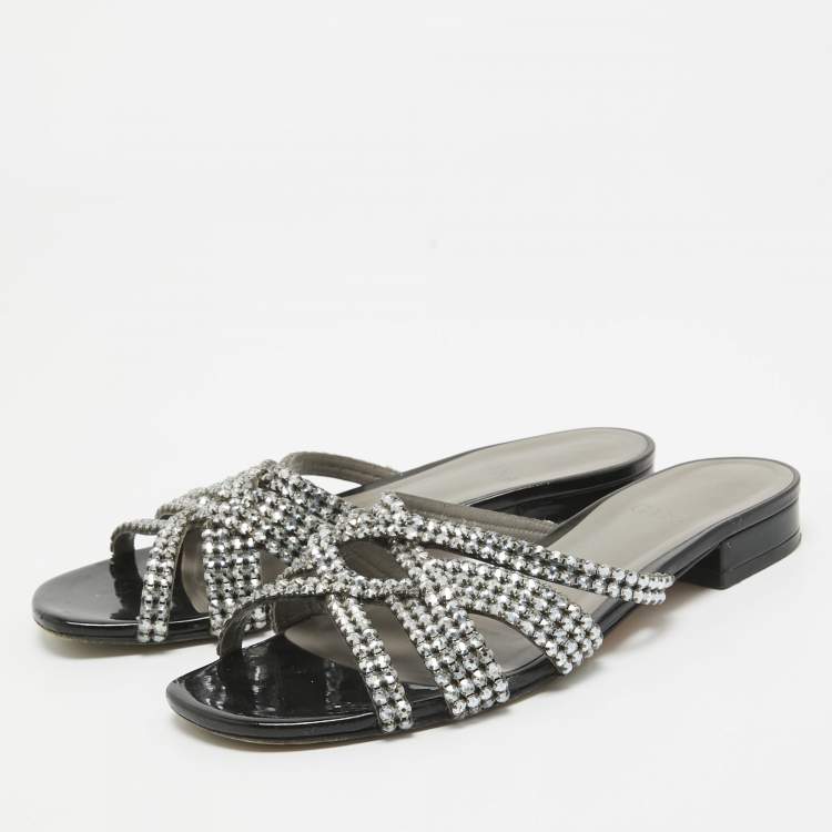 Pre Owned Gina Black/Silver Crystal Embellished Leather Slides Size 38