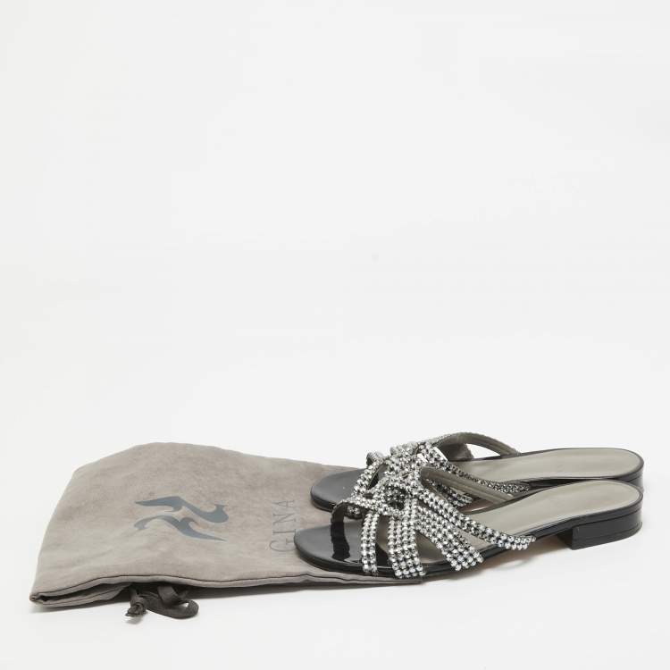 Pre Owned Gina Black/Silver Crystal Embellished Leather Slides Size 38