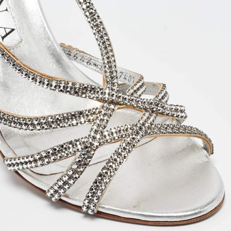 Pre Owned Gina Silver Crystal Embellished Leather Slingback Sandals Size 39.5 