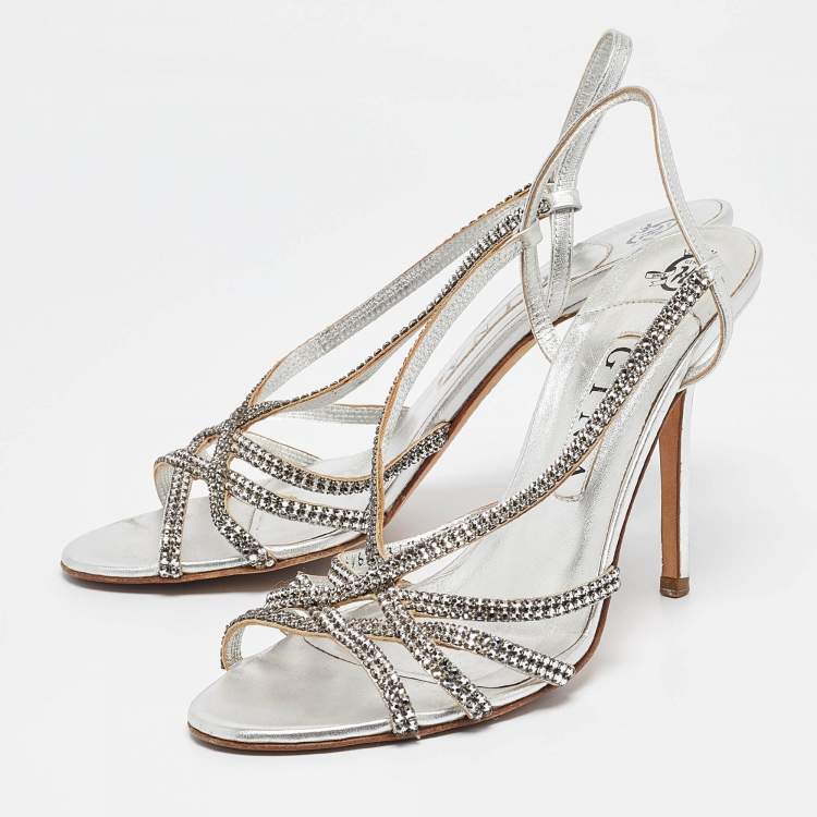Pre Owned Gina Silver Crystal Embellished Leather Slingback Sandals Size 39.5 