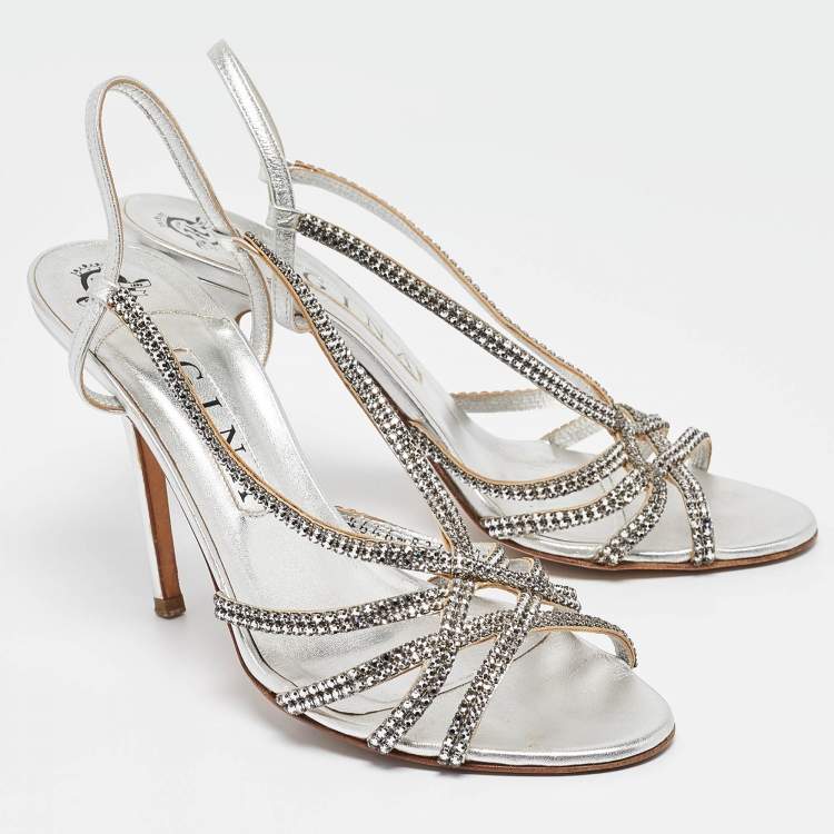 Pre Owned Gina Silver Crystal Embellished Leather Slingback Sandals Size 39.5 