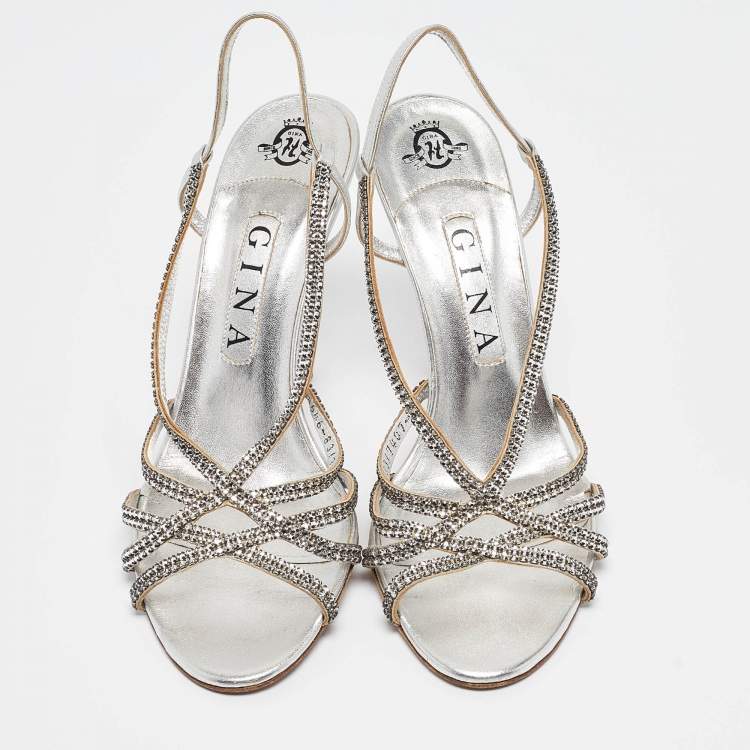 Pre Owned Gina Silver Crystal Embellished Leather Slingback Sandals Size 39.5 