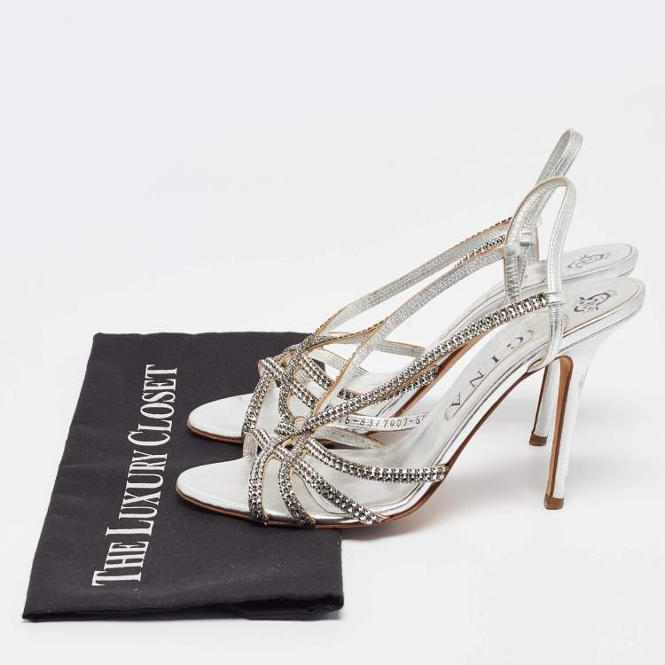 Pre Owned Gina Silver Crystal Embellished Leather Slingback Sandals Size 39.5 
