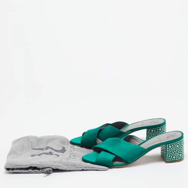 مملوكة مسبقًا Gina Green Satin Crystal Embellished Block Heel Slide Sandals Size 40