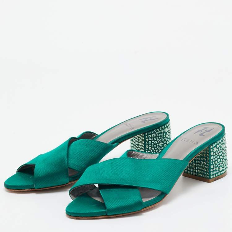 مملوكة مسبقًا Gina Green Satin Crystal Embellished Block Heel Slide Sandals Size 40