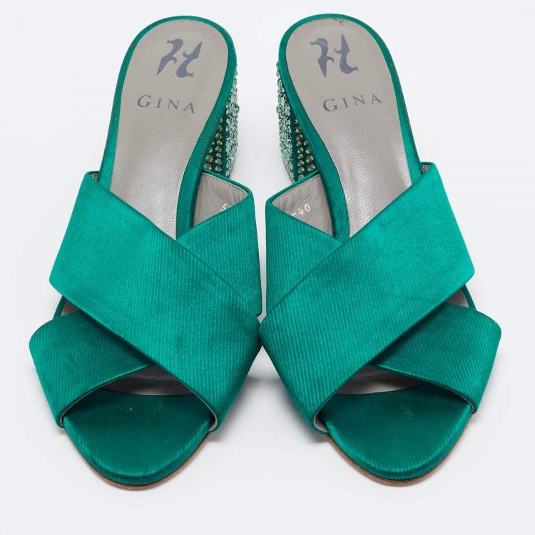 مملوكة مسبقًا Gina Green Satin Crystal Embellished Block Heel Slide Sandals Size 40