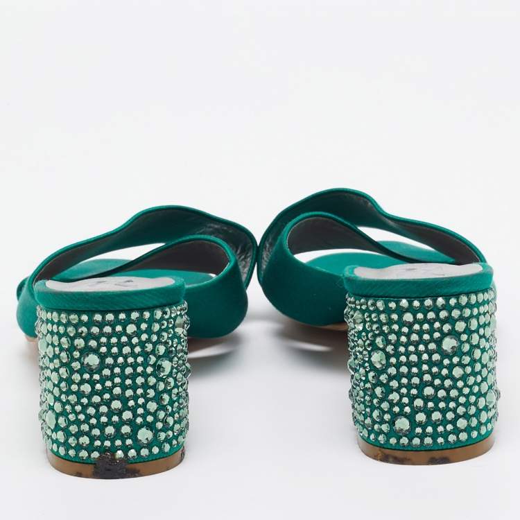 مملوكة مسبقًا Gina Green Satin Crystal Embellished Block Heel Slide Sandals Size 40