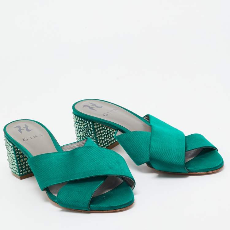 مملوكة مسبقًا Gina Green Satin Crystal Embellished Block Heel Slide Sandals Size 40