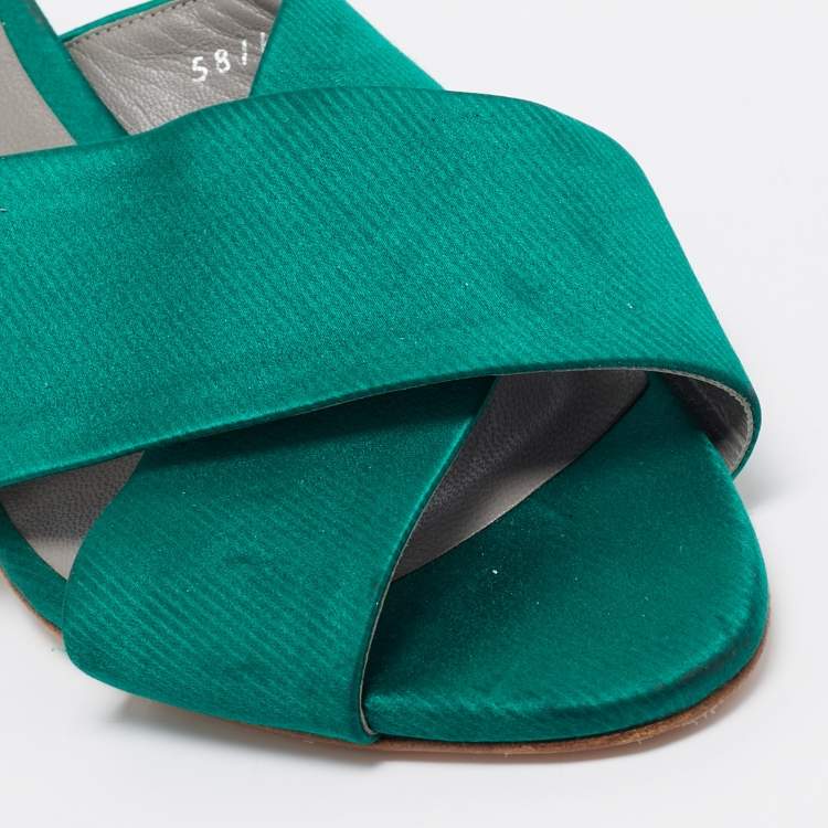 مملوكة مسبقًا Gina Green Satin Crystal Embellished Block Heel Slide Sandals Size 40