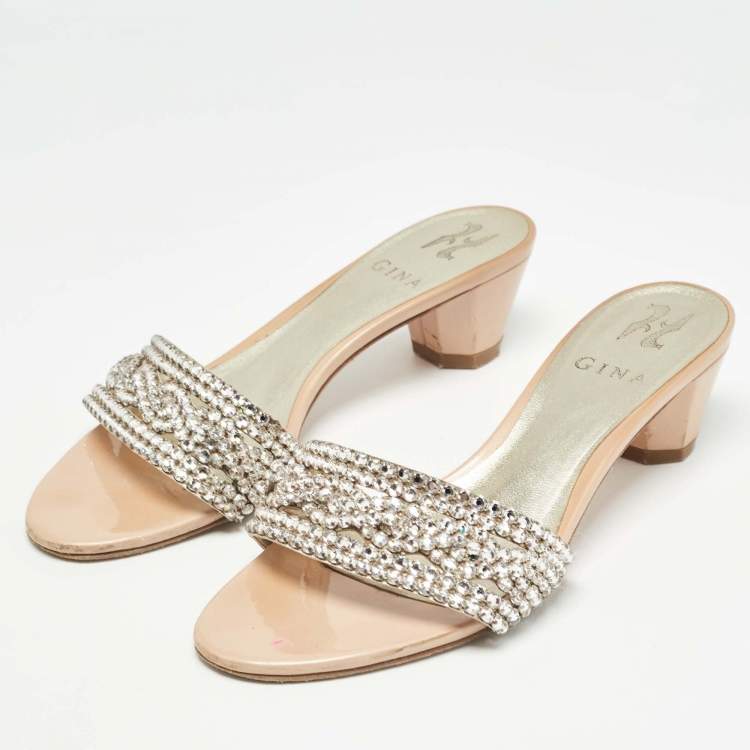 Pre Owned Gina Beige/Silver Leather Crystal Embellished Leather Slide Sandals Size 38