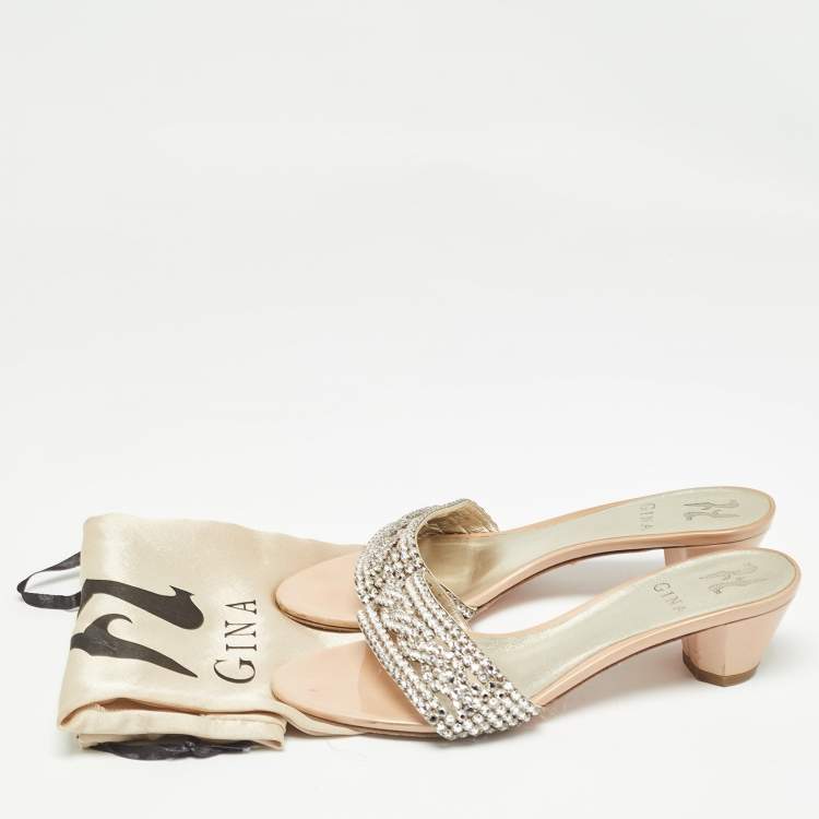 Pre Owned Gina Beige/Silver Leather Crystal Embellished Leather Slide Sandals Size 38