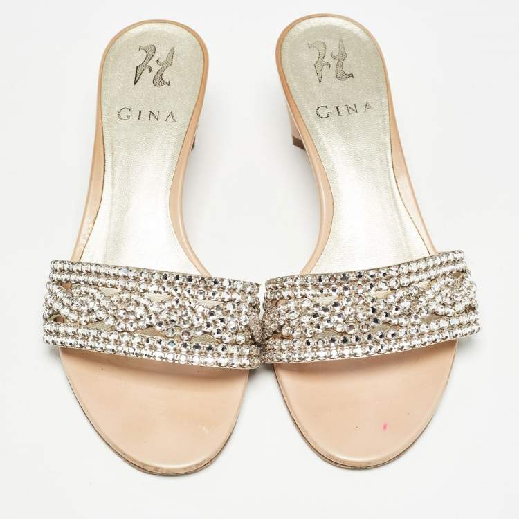 Pre Owned Gina Beige/Silver Leather Crystal Embellished Leather Slide Sandals Size 38