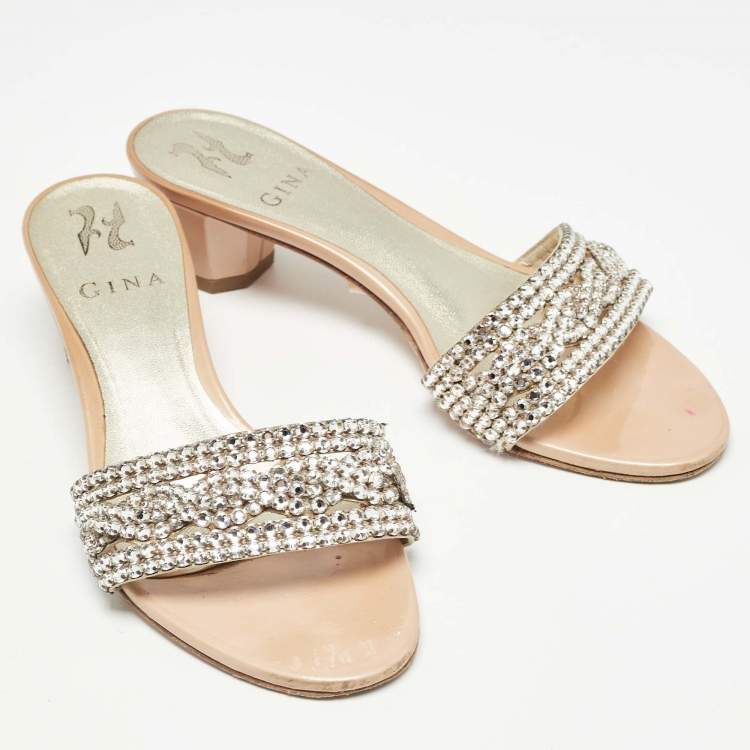 Pre Owned Gina Beige/Silver Leather Crystal Embellished Leather Slide Sandals Size 38