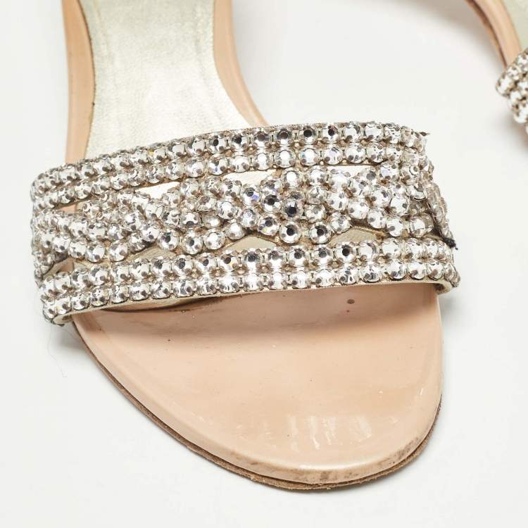 Pre Owned Gina Beige/Silver Leather Crystal Embellished Leather Slide Sandals Size 38