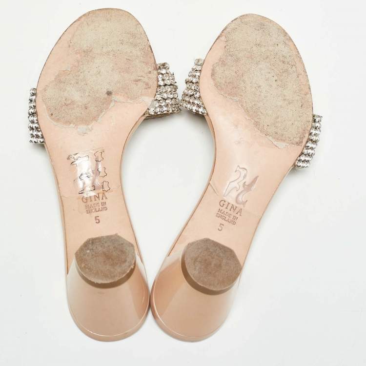 Pre Owned Gina Beige/Silver Leather Crystal Embellished Leather Slide Sandals Size 38