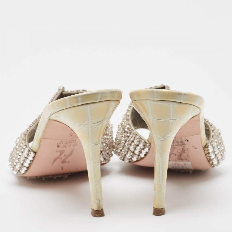 مملوكة مسبقًا Gina Cream Leather and Croc Embossed Patent Crystal Embellished Slides Size 38