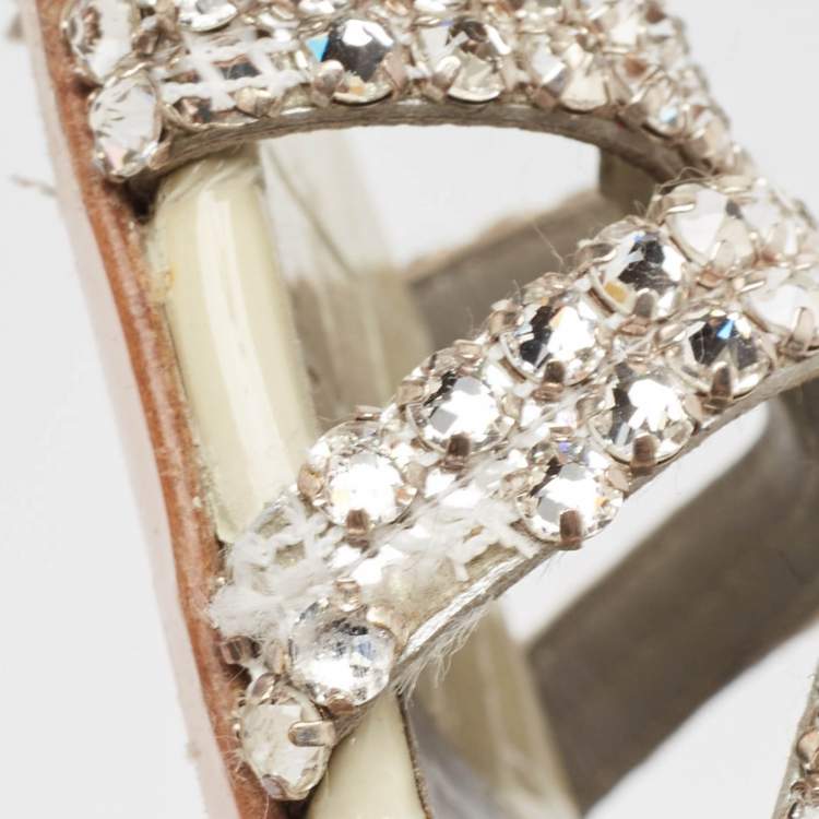 مملوكة مسبقًا Gina Cream Leather and Croc Embossed Patent Crystal Embellished Slides Size 38